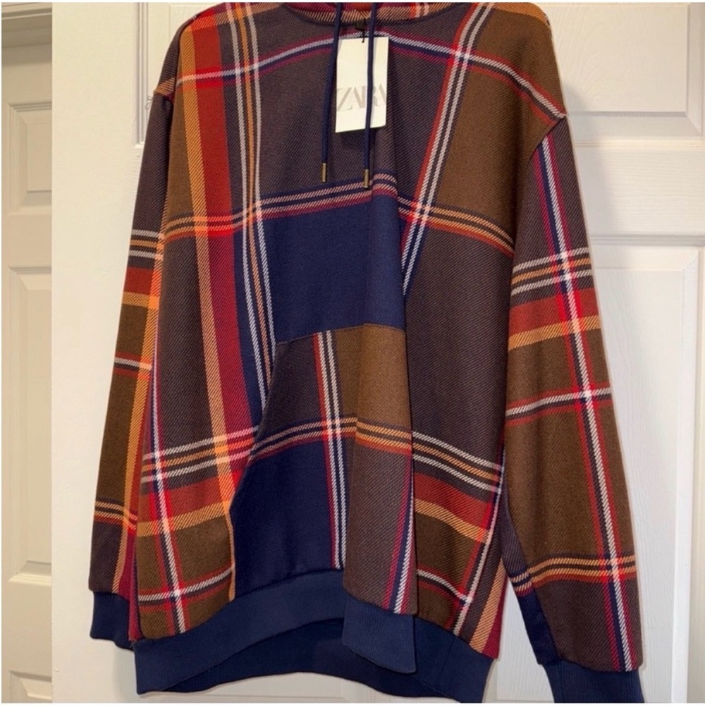 Zara Multicolor Plaid Patchwork Hoodie - Navy, Brown, Red, Orange